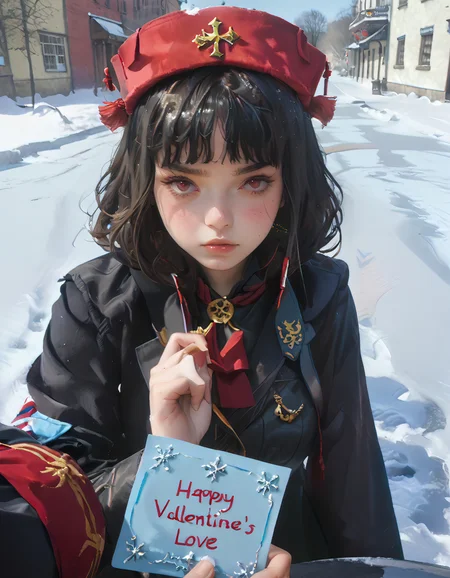 score_9_up, score_9, score_8_up, score_7_up, rating_explicit, 1girl, beautiful, cute, kawaii, young woman, 
cozy winter ensemble with modern flair, she holding Love message give it to the viewer, little delicate snowflakes above the head, blushing, (shy:0.9), (confounded:0.6),  
male pov, detailed background, source_anime, anime, 
frosted alley between snow-dusted buildings, icy pathway, near a warmly lit winter cafe, 
Valentine's atmosphere, twinkling snowflakes, male pov, she leaning forward to pov, 
crisp snowy boulevard, standing, sfw,, Sekai Seifuku, Long black hair, Red eyes, Hime cut, Pale skin, Red military uniform, Black thigh-high socks, Black boots, Gold emblem on hat, Dominatrix-style outfit, Crown, See Description "Triggers and CLothes Prompts"
