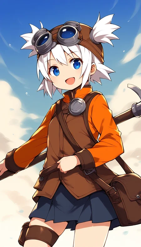 score_9, score_8_up, score_7_up, source_anime, rating_explicit, BREAK  <lora:Pratty_XL:1> Pratty, blue eyes, short hair, goggles, white hair, short twintails, hair through headwear, brown headwear, 
1girl, solo, open mouth, weapon, smile, holding, looking at viewer, long sleeves, :d, polearm, holding weapon
 orange long sleeves, bag, skirt, short twintails, looking at viewer, standing, blue eyes, thigh strap, :d
standing, cowboy_Shot
outdoor, sky,
