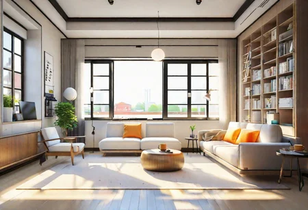 front view, anime-style, modern-style interior, with white walls and large windows, Nordic-style furniture, a  study, Sofa, coffee table, bookcase, single wall, 
warm light morning sun, (the view of the city)
