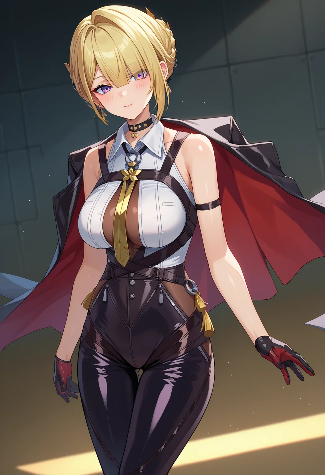 score_9, score_8_up, score_7_up, source_anime,
BREAK
1girl, solo,
<lora:shiEvelynV1:1>
shievezzzstyle,
purple eyes, short hair, blonde hair, braid, sidelocks, hair bun, hair over one eye,
large breasts, chest harness, jewelry, earrings, black choker, necktie, black gloves,
white shirt, sleeveless, collared shirt, sleeveless shirt,
bodysuit, black pants, tight clothes, tight pants, leather pants,
looking at viewer, seductive smile, blush, head tilt, shiny skin, skindentation,