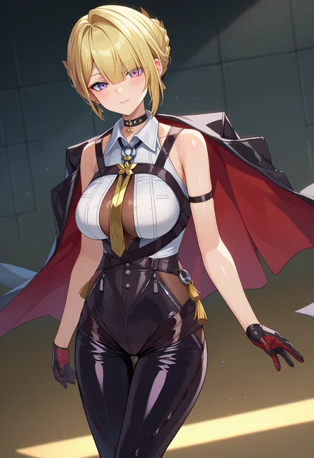 score_9, score_8_up, score_7_up, source_anime,
BREAK
1girl, solo,
<lora:shiEvelynV1:1>
shievezzzstyle,
purple eyes, short hair, blonde hair, braid, sidelocks, hair bun, hair over one eye,
large breasts, chest harness, jewelry, earrings, black choker, necktie, black gloves,
white shirt, sleeveless, collared shirt, sleeveless shirt,
bodysuit, black pants, tight clothes, tight pants, leather pants,
looking at viewer, seductive smile, blush, head tilt, shiny skin, skindentation,