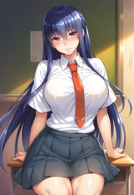 dynamic angle,,score_7_up,score_8_up,scrore_9,solo,rinko_akiyama,ra-sr_\(white_shirt_blue_pleated_skirt_costume\),classroom,desk,red necktie,blush,<lora:rinko_pony_V1-2-000020:0.7>