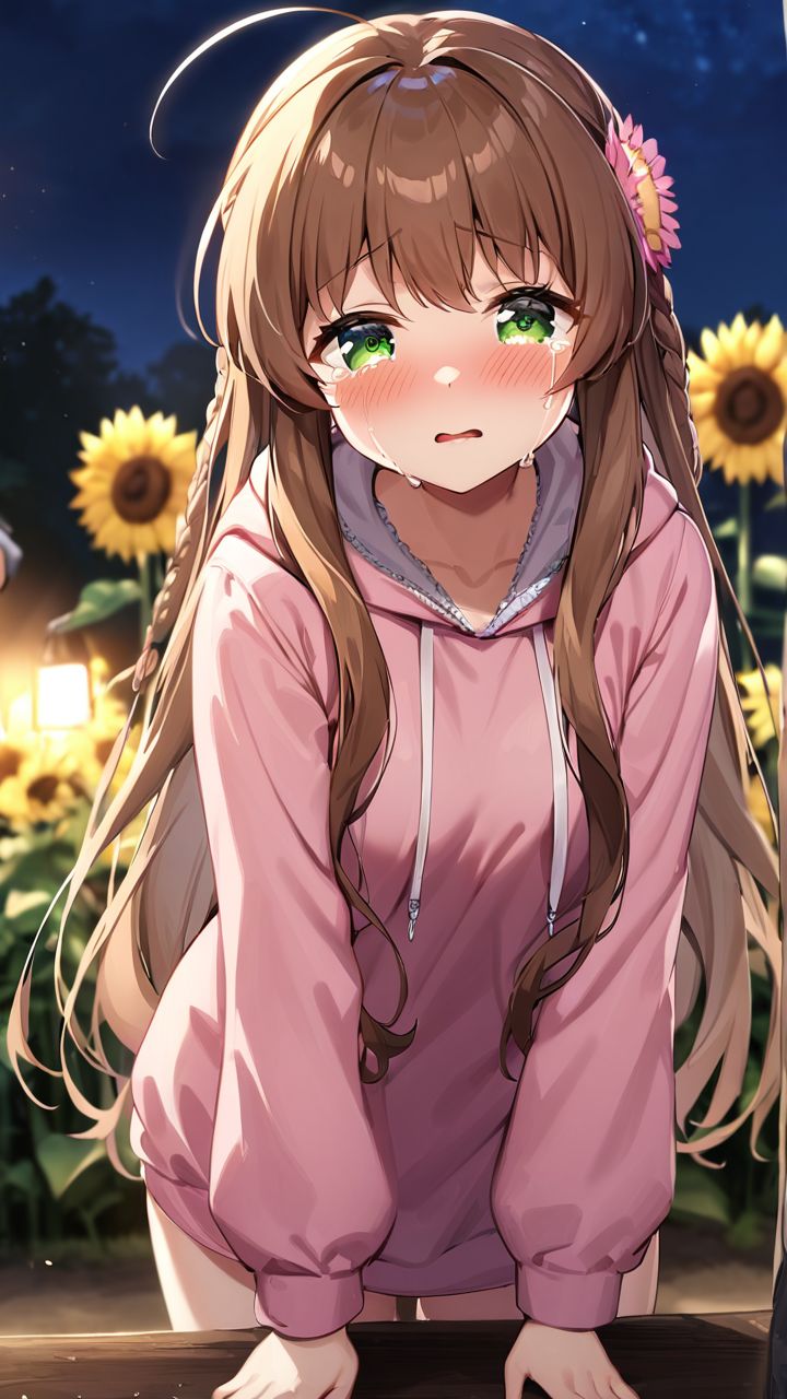 masterpiece,best quality,very aesthetic,absurdres, <lora:XL kanbe_kotori:1>,1girl,kanbe_kotori,solo,Standing on the ground,frontal,front view,Positive por,masterpiece,best quality,very aesthetic,absurdres, kanbe_kotori, 1girl, flower, night, 1boy, solo focus, ahoge, close-up, outdoors, blush, hood, sidelocks, parted lips, hood down, pink flower, pink hoodie, sunflower, crying, hoodie, sweat, casual