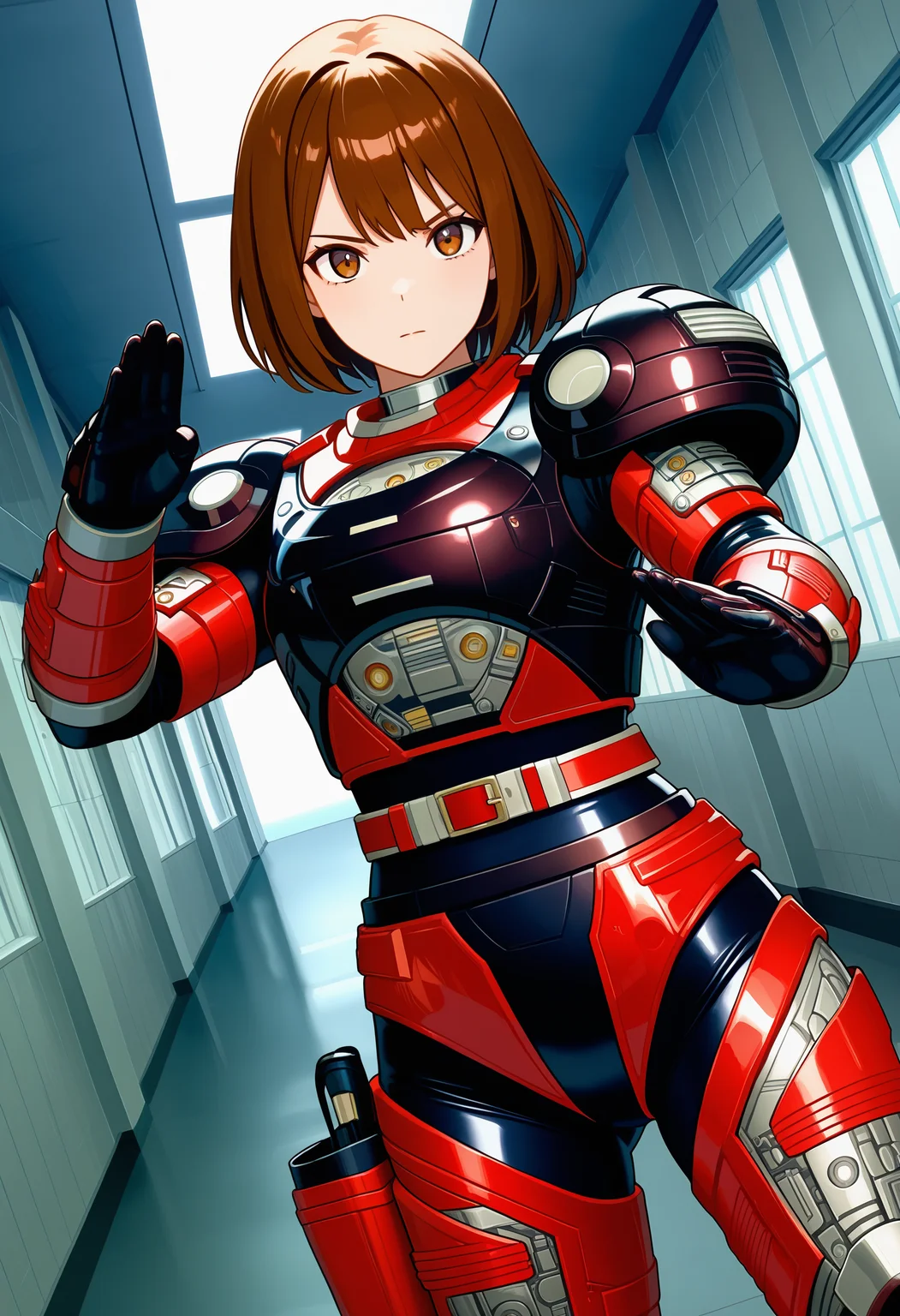 1girl, solo, R3ddle, armor, bodysuit, shoulder pad, gloves, belt, holster, brown hair, brown eyes, cowboy shot, dutch angle, looking at viewer, shiny clothes, fighting stance,
indoors, hallway, metal wall,
best quality, very aesthetic, masterpiece,