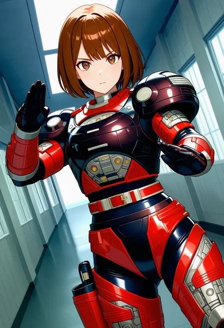 1girl, solo, R3ddle, armor, bodysuit, shoulder pad, gloves, belt, holster, brown hair, brown eyes, cowboy shot, dutch angle, looking at viewer, shiny clothes, fighting stance,
indoors, hallway, metal wall,
best quality, very aesthetic, masterpiece,