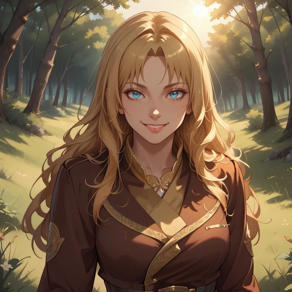 score_9, score_8, BREAK, solo, sendou erika, blonde hair, long hair, blue eyes, sexy pose, self portrait, smile, outdoors, sunlight, shadows, evening lighting, natural lighting, forest, trees, grass, orange sky, sunset