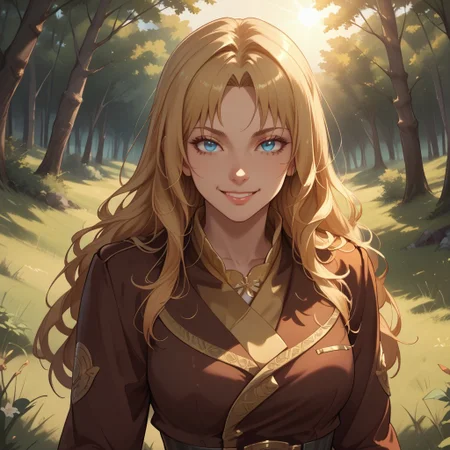score_9, score_8, BREAK, solo, sendou erika, blonde hair, long hair, blue eyes, sexy pose, self portrait, smile, outdoors, sunlight, shadows, evening lighting, natural lighting, forest, trees, grass, orange sky, sunset
