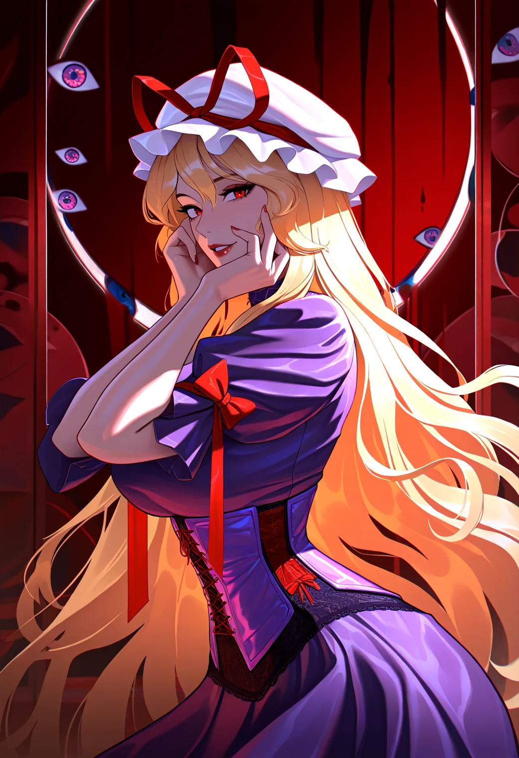 very awa, masterpiece, best quality, year 2024, newest, highres, absurdres, <lora:age_slider_v4:3> <lora:thicc_v1.4-pony:1.2>,detailed_background,indoors,highres,touhou,mob cap,1girl,corset,red bow,looking at viewer,makeup,blonde hair,klabisot,cowboy shot,red lips,red ribbon,light smile,hands on own cheeks,yakumo yukari,sleeve bow,ribbon,from side,solo,abstract background,hat ribbon,disembodied eye,hands on own face,absurdres,purple corset,long hair,hat,purple hat,purple dress,lace trim,red eyes,parted lips,dress,lipstick,bow,adapted costume
