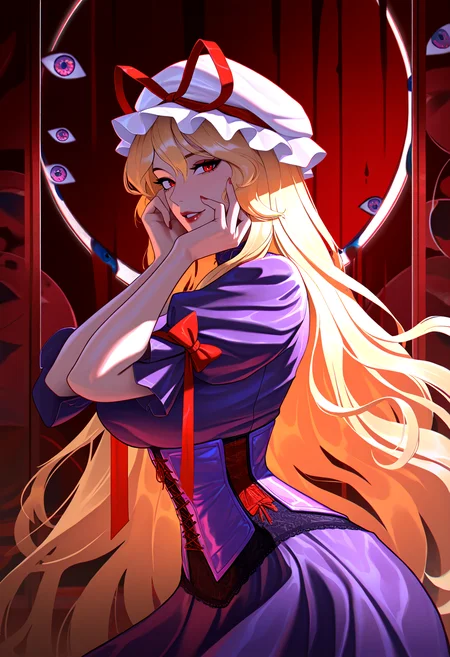 very awa, masterpiece, best quality, year 2024, newest, highres, absurdres, <lora:age_slider_v4:3> <lora:thicc_v1.4-pony:1.2>,detailed_background,indoors,highres,touhou,mob cap,1girl,corset,red bow,looking at viewer,makeup,blonde hair,klabisot,cowboy shot,red lips,red ribbon,light smile,hands on own cheeks,yakumo yukari,sleeve bow,ribbon,from side,solo,abstract background,hat ribbon,disembodied eye,hands on own face,absurdres,purple corset,long hair,hat,purple hat,purple dress,lace trim,red eyes,parted lips,dress,lipstick,bow,adapted costume