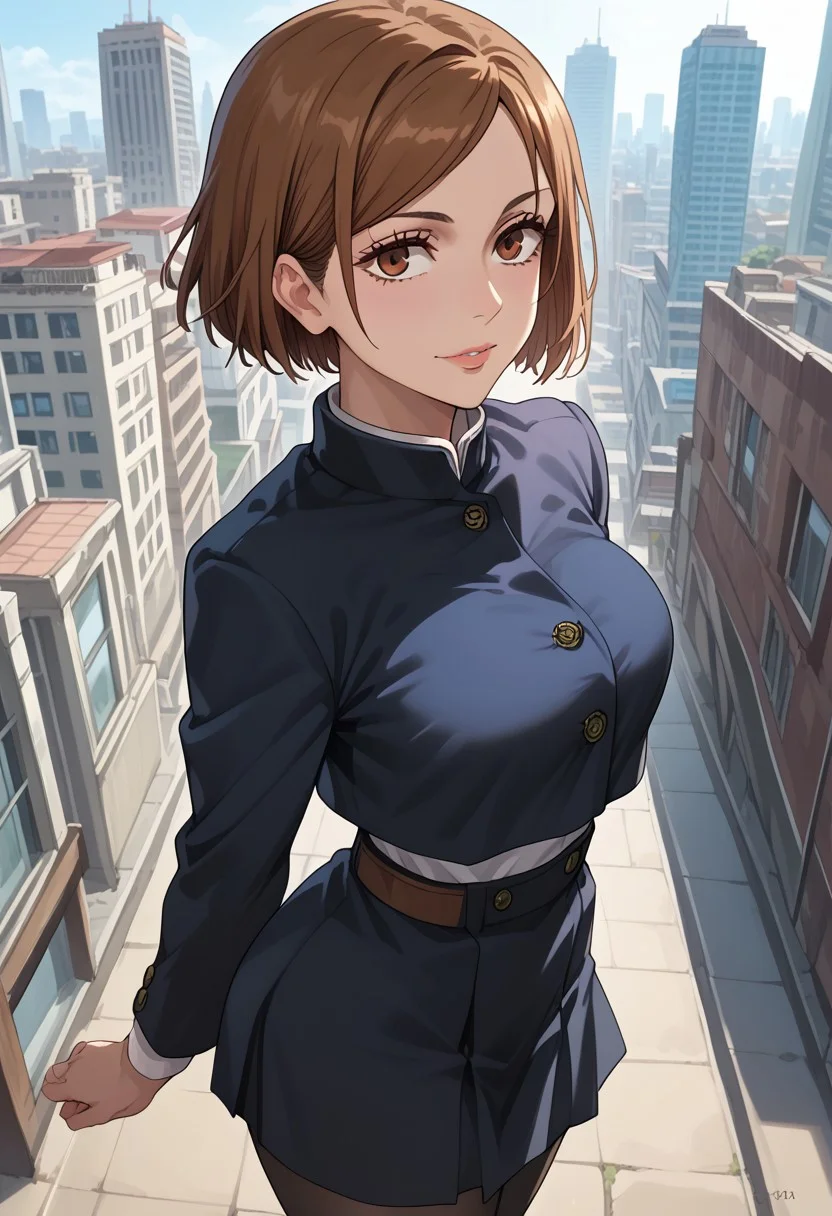 anime artwork, score_9, score_8_up, score_7_up, score_6_up, score_5_up, solo, perfect eyes, detailed eyes, beautiful female, detailed face, dynamics lines, 20 year old, perfect beautiful face, long eyelashes, sharp eyes pupils, city, (above view), side view, smile, medium breasts, wide hips, hips,,1 girl, nobara, brown hair, short hair, brown eyes, school uniform, black jacket, brown belt, black skirt, black pantyhose, brown loafers,