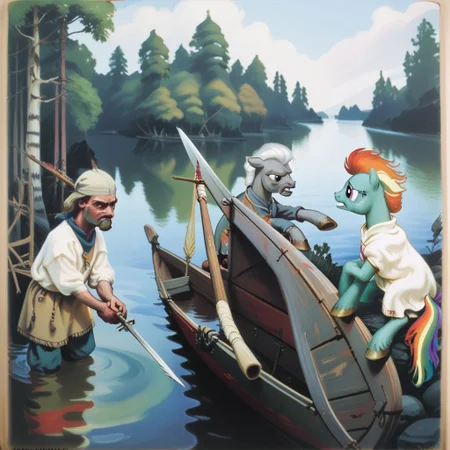 score_9, score_8_up, score_7_up, score_6_up, score_5_up, score_4_up, source_pony, BREAK a painting of a pony in a lake, rainbow dahs, water, watercraft, boat, multiple boys, weapon, spear, sword,  trees, agk_akseligallen-kallela_-_kalevala, traditional media