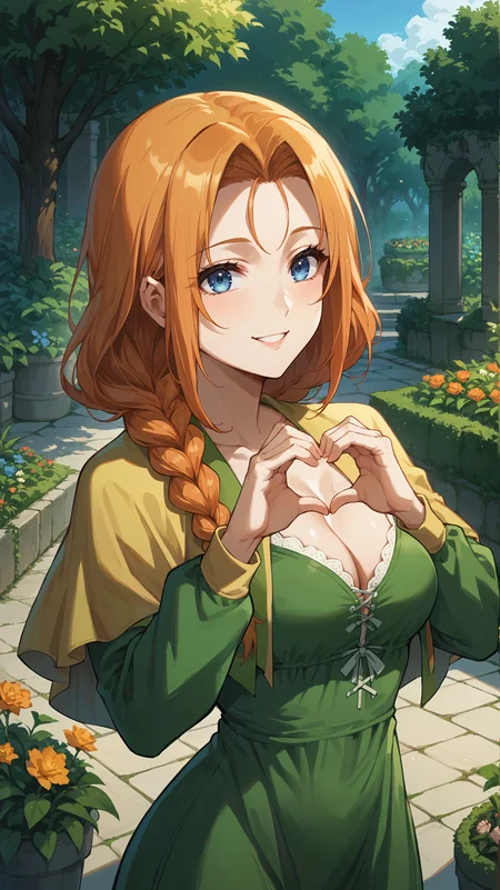 score_9,score_8_up,score_7_up,score_6_up, <lora:xl_more_art-full_v1:0.5>, source_anime, woman, dynamic pose, heart hands, <lora:Aisha Hart - Pony:0.8>, long hair, orange hair, braid, blue eyes, green dress, long sleeves, cleavage, light green capelet, garden, outdoors, light smile,