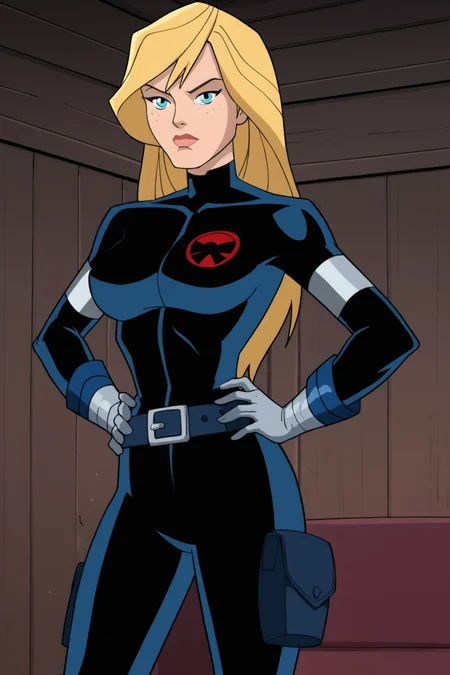 PonyXLV6_Scores BREAK <lora:add_details_xl:0.8> (perfect anatomy, perfect eyes, cowboy shot) BREAK <lora:Mockingbird:0.8> bobbi morse, long hair, blonde hair, blue eyes, freckles, flirting, raised eyebrow, ((looking at viewer)), shield bodysuit, black bodysuit, gloves, belt, large breasts, curvy, toned, athletic, standing, sexually suggestive pose, hands on hip, indoors