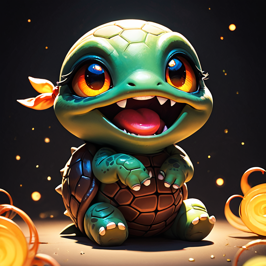 score_9, score_8_up, score_7_up, score_6_up, score_5_up, score_4_up, bright colors, high contrast, dark background, vivid lighting, chibi, turtle, animal, glowing eyes, orange eyes, beautiful eyes, black sclera, laughing, sitting, missing tooth, <lora:add-detail-xl:1>