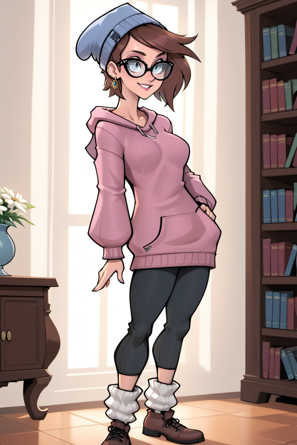 score_9, score_8_up, score_7_up, masterpiece, high quality, BREAK
 <lora:RD_RN00 StylePonyLyco:1>rdrn
 <lora:Bloody MarryPonyLoRA:0.8> bldymary, beanie, short hair, earrings, glasses, sweater, pants, loose socks, shoes, in a library, window