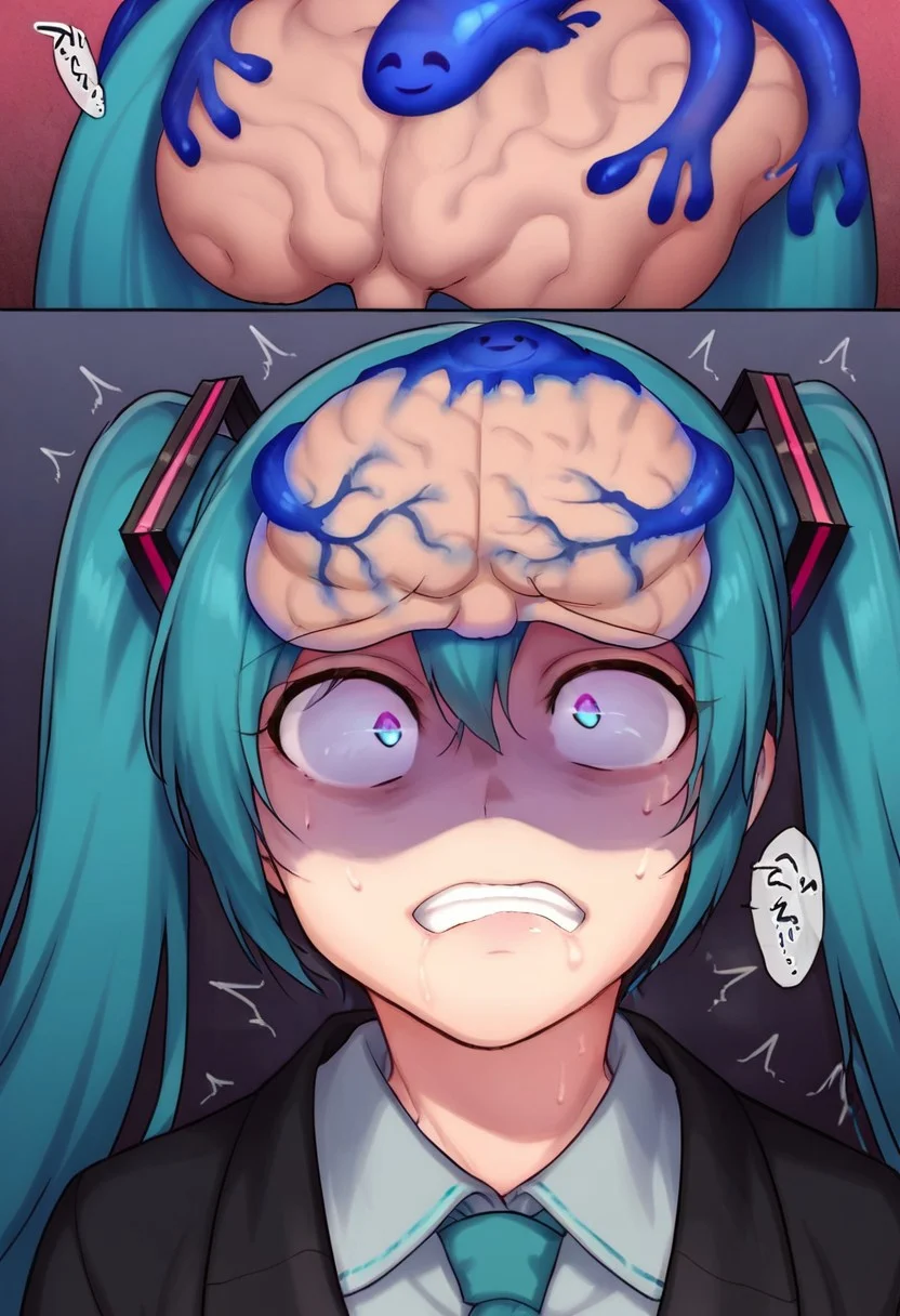 score_9, score_8_up, score_7_up, source_anime,
BREAK
1girl, solo, hatsune miku, twintails,
possession, brain takeover, brain, wide-eyed, clenched teeth, trembling, shaded face, blue slime, slime smiling