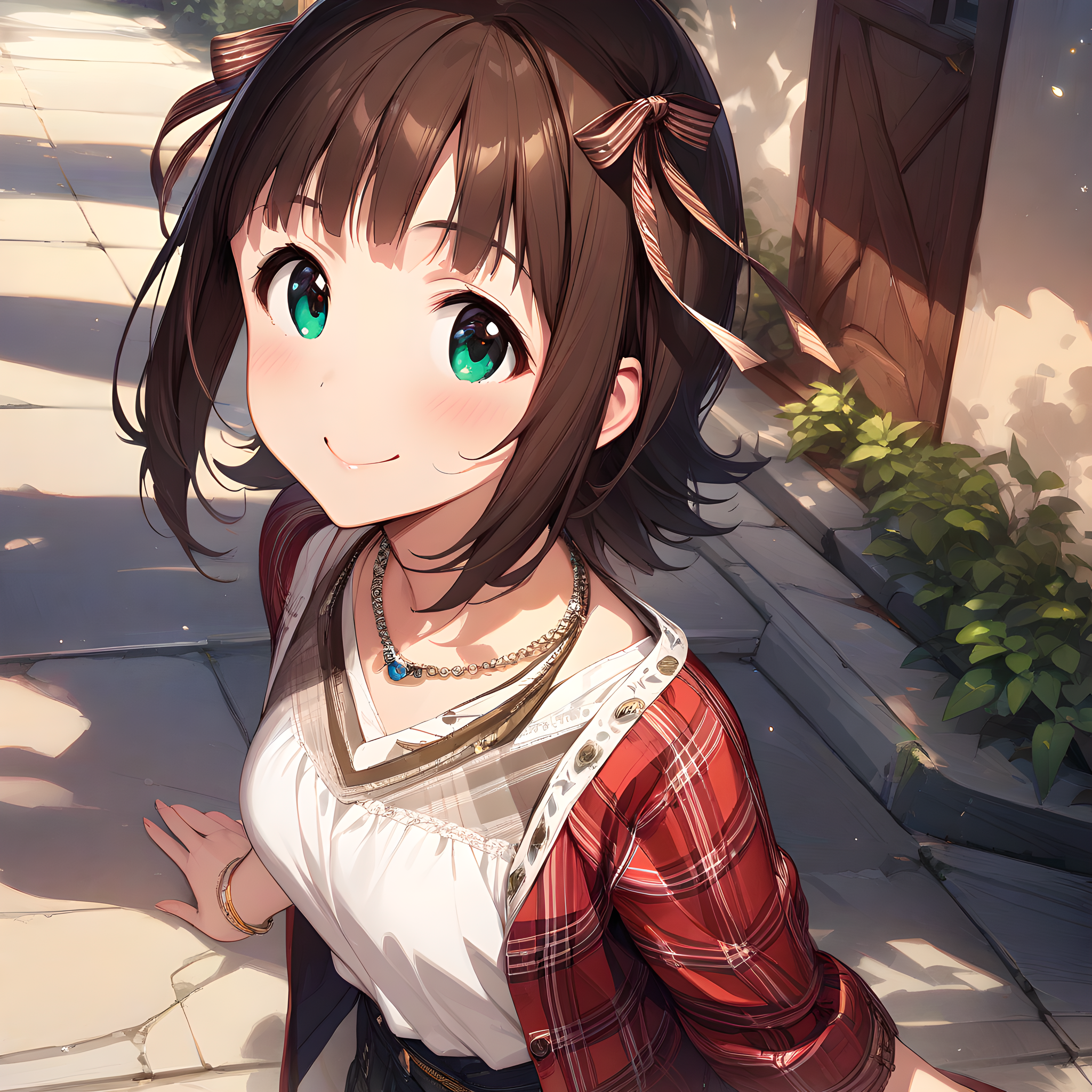 (masterpiece),(best quality),(ultra-detailed),(best illustration),(best shadow),(absurdres),(detailed background),(very aesthetic), haruka_amami, 1girl, solo, jewelry, brown hair, bracelet, smile, short hair, necklace, hair ribbon, ribbon, green eyes, plaid, shirt <lora:XL-HarukaAmami:1>