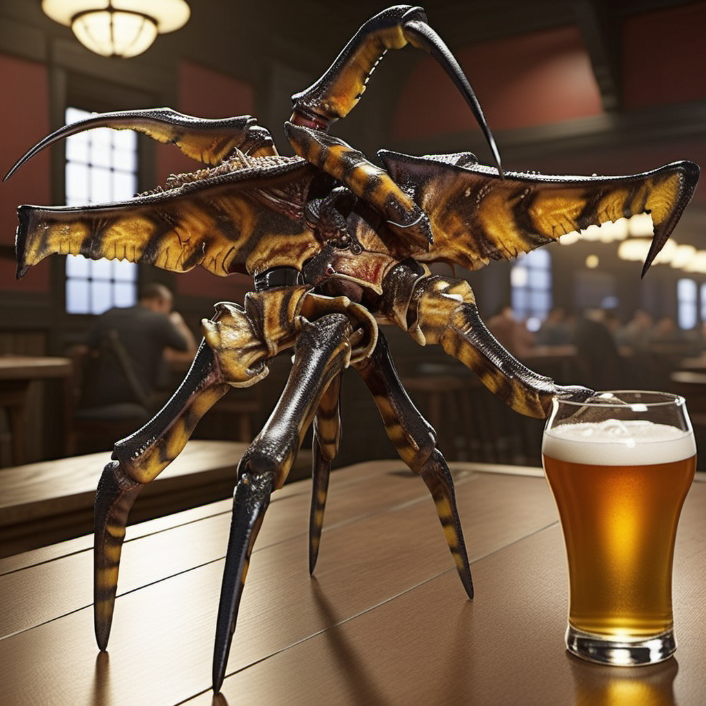 Starshiptrooper1024, a giant bug drinking a beer in a pub, full body, features intricate detail, detailed eyes, highly detailed, photography, ultra sharp, film, bokeh, professional, 4k  <lora:Starshiptrooper1024:0.8> <lora:add-detail-xl:2>