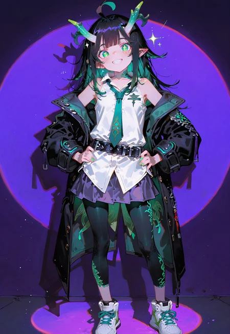 looking at viewer,full body shot,standing,hands on hips,big smile

1 girl,petite,loose unruly messy hair,messy bangs,black hair,green accents hair,fair skin,dragon horns,green eyes,(sparkling eyes:1.1),freckles,ahoge,pointy ear

Large Black coat with green accent,coat hanging sleeves,white sleeveless buttoned shirt,green tie, exposed shoulder,dark purple skirt,(black leggings:1.1),white sneakers,(black belt over shirt:1.2)

Color background, bright purple background,(shadow:1.2), light from front,glimmer, [scales design], sparkling,(analgylph:1.5),(spotlight:1.2),(purple hue:0.8),(colors green glowing:1.3)

Cunnystyle,748cmstyle,Smooth_Quality,masterpiece,best quality,amazing quality, aesthetic,(vibrant colors:1.7),(bold lines:1.3),(saturated:1.6)