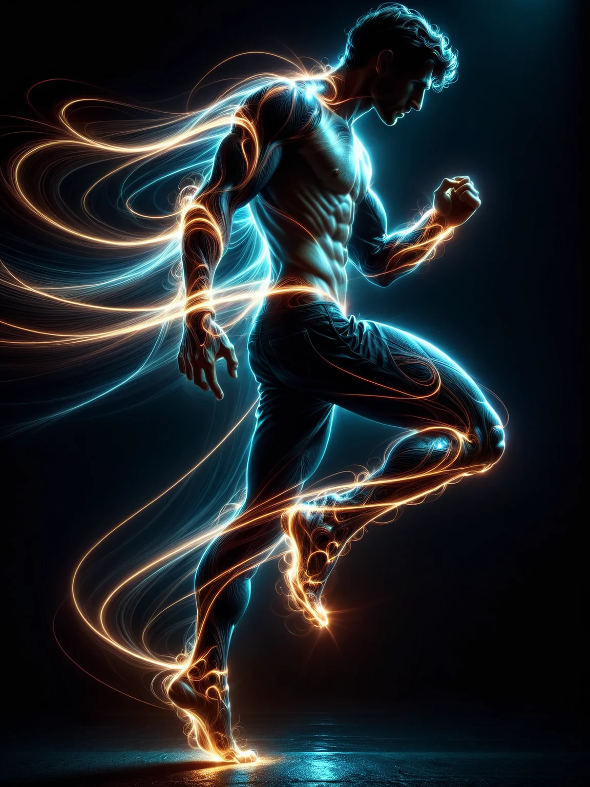man, <lora:Neon_Cyberpunk_SDXL:1> lightstreaks, Contrapposto pose, dark background, (masterpiece:1.2), best quality