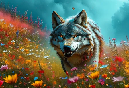 a mystical forest, light fog, a majestic wolf gently walks on the meadows, picturesque colors flowing in sync with the dance of life, a colorful meadow with many different flowers, early dew, small drops of dew on the flowers and grass, the first rays of the sun, colorful butterflies