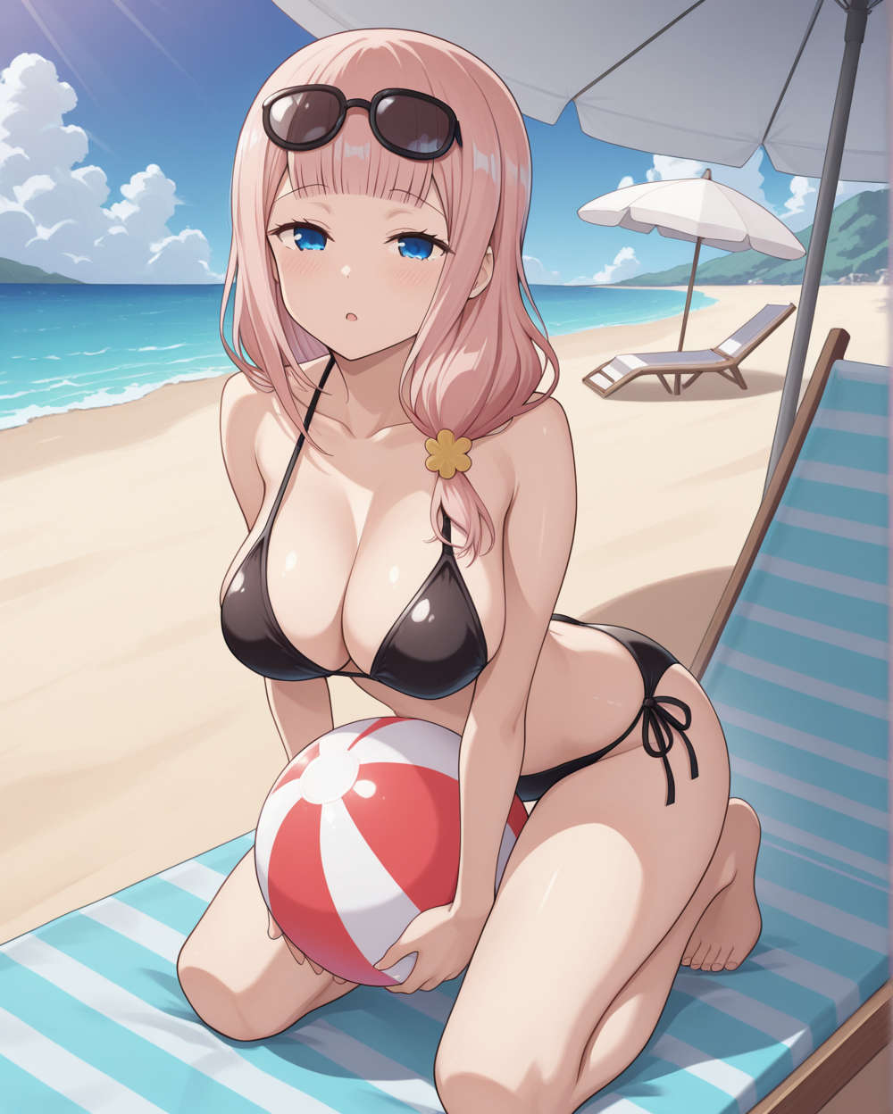 masterpiece, best quality, fujiwara_toyomi, 1girl, fujiwara_toyomi (kaguya-sama wa kokurasetai ~tensai-tachi no renai zunousen~), pink hair, blue eyes, looking at viewer, blunt bangs, hair over one shoulder, large breasts, motherly side plait, <lora:Fujiwara_Toyomi_Kaguya-sama_Love_Is_War_Illustrious:1>, beach, bikini, beach ball, holding ball, collarbone, side-tie, sea, lounge chair, kneeling, towel, beach umbrella, sunglasses on head,