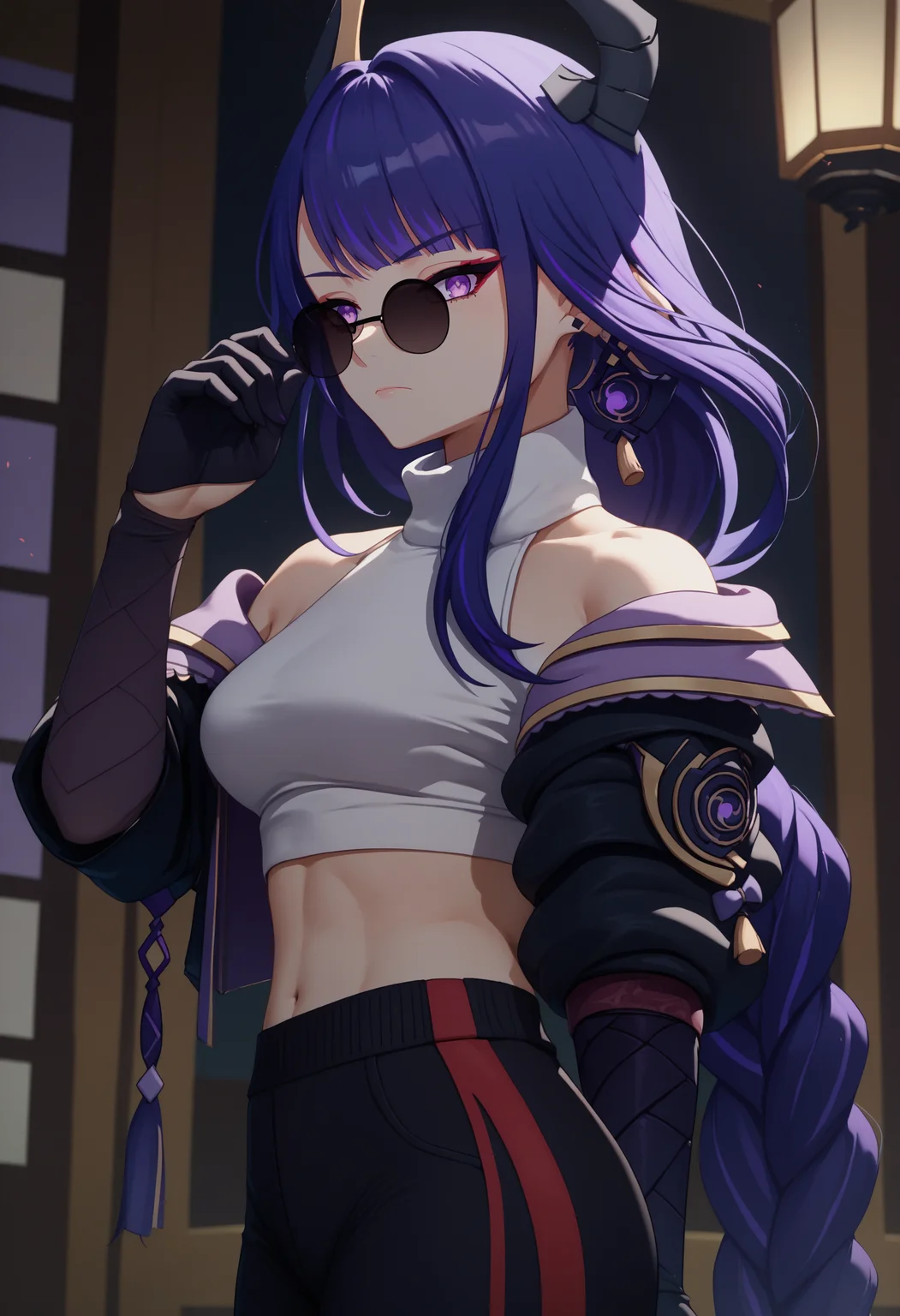 score_9, score_8_up, score_7_up, 1girl, <lora:YaeMikoProgenitor_pdxl_Incrs_v1:1>, solo, medium breasts, earrings, jewelry, headgear, horns, sunglasses, pince-nez,
looking over eyewear, looking at viewer, closed mouth, standing, cowboy shot,
turtleneck, crop top, bare shoulders, black jacket, cropped jacket, midriff, black gloves, black track pants, raiden shogun,