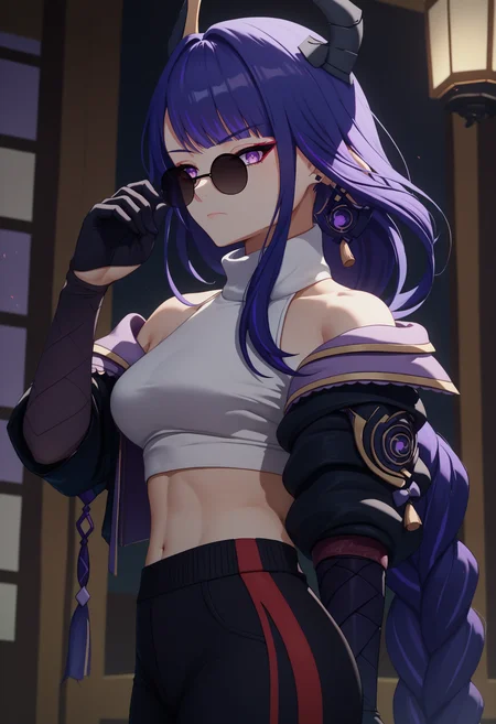 score_9, score_8_up, score_7_up, 1girl, <lora:YaeMikoProgenitor_pdxl_Incrs_v1:1>, solo, medium breasts, earrings, jewelry, headgear, horns, sunglasses, pince-nez,
looking over eyewear, looking at viewer, closed mouth, standing, cowboy shot,
turtleneck, crop top, bare shoulders, black jacket, cropped jacket, midriff, black gloves, black track pants, raiden shogun,