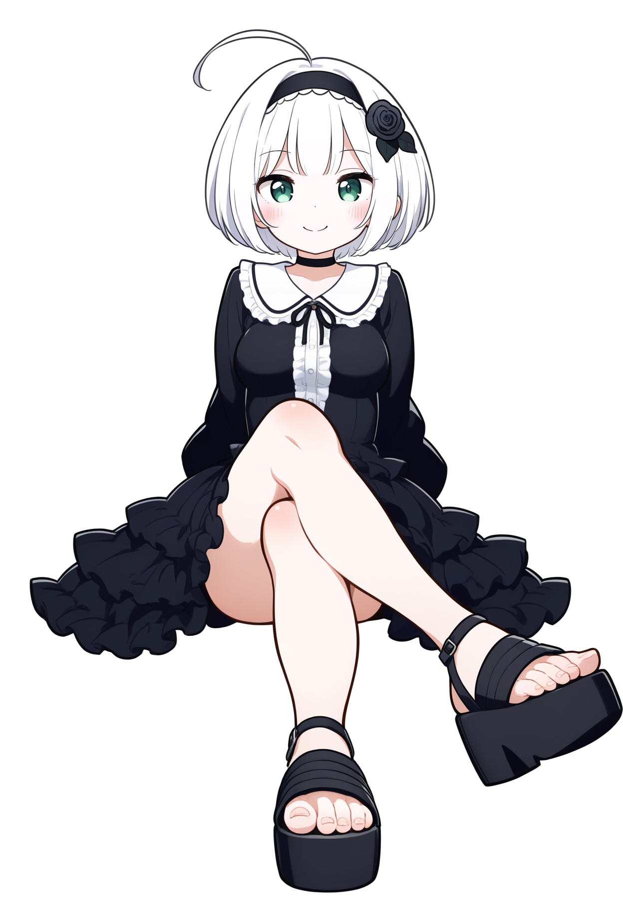 1girl, solo, breasts, looking at viewer, blush, smile, short hair, simple background, long sleeves, hair ornament, white background, dress, closed mouth, sitting, green eyes, full body, white hair, ahoge, flower, frills, hairband, choker, hair flower, black footwear, black dress, toes, black choker, rose, sandals, frilled dress, black hairband, toenails, platform footwear, black flower, black rose, straight-on, crossed legs, 
, masterpiece, best quality, good quality,
<lora:sakurakono_noob-vpred1.0_v2_edm2_p2:1>