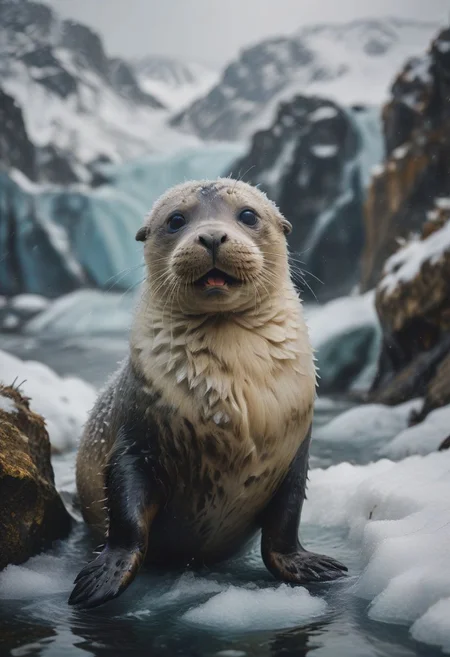 A playful seal, its whiskers twitching with delight, slides down a snowy slope into the icy water, its playful antics bringing joy to those who watch.