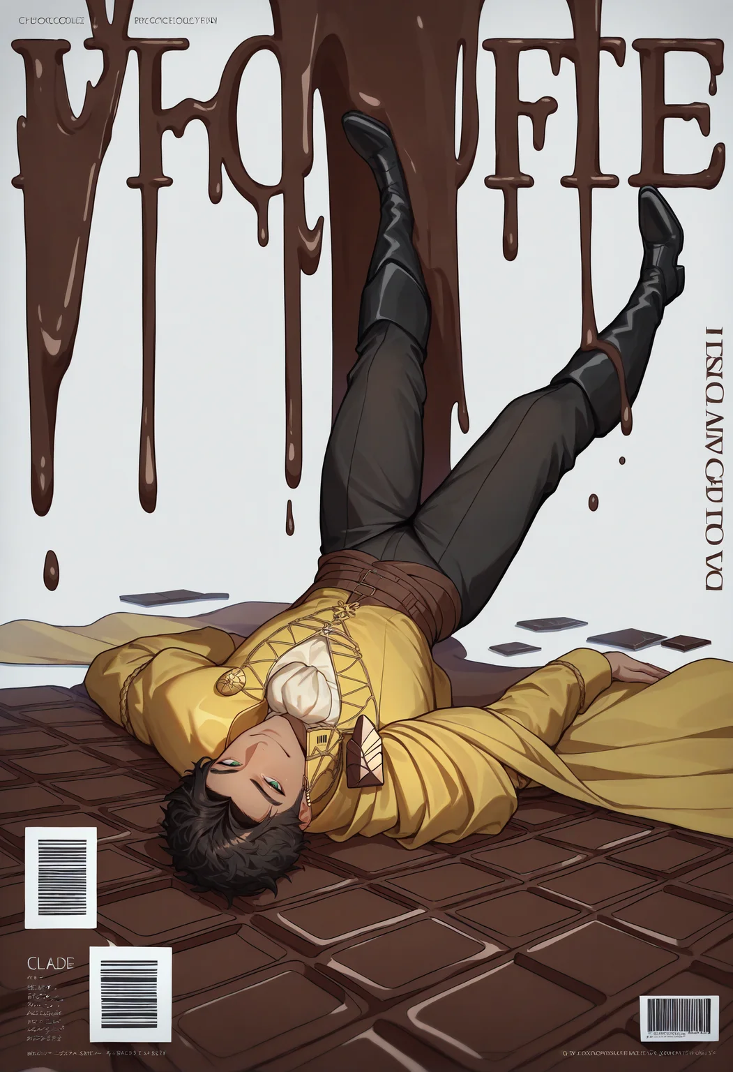 masterpiece, best quality, newest, absurdres, highres, fake magazine cover, white background, dynamic pose, barcode, seductive smile, chocolate bar, wide shot, character name, 1boy, claude von riegan, upside-down, full body, huge chocolate,