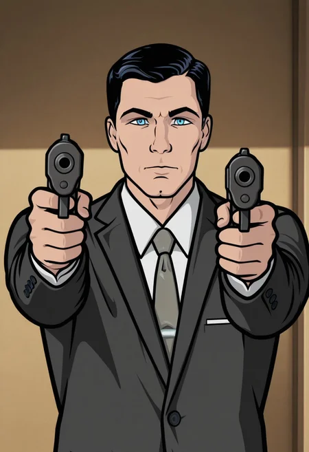 masterpiece,best quality,amazing quality,
sterlingarche, 1boy, male focus, solo, blue eyes, black hair, shirt, white shirt, collared shirt, necktie, grey necktie, jacket, black jacket, holding gun, aiming, looking at viewer,