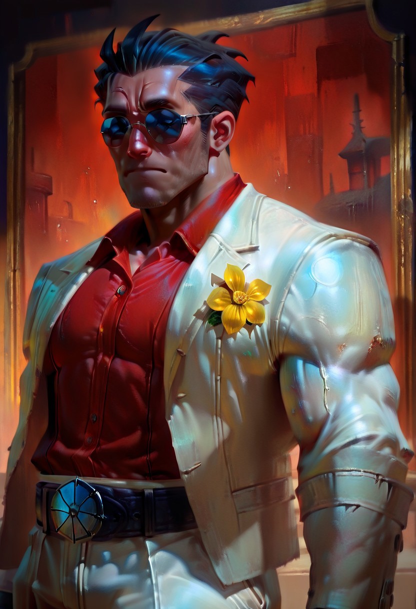 masterpiece, best quality, newest, absurdres, highres, DFOP-V2.5, oil painting, realistic, 
1boy, helltaker \(helltaker\), black hair, short hair, muscular, muscular male,
sunglasses, glasses, 
white jacket, white pants, black belt, red shirt, formal clothes, flower in clothes, open jacket