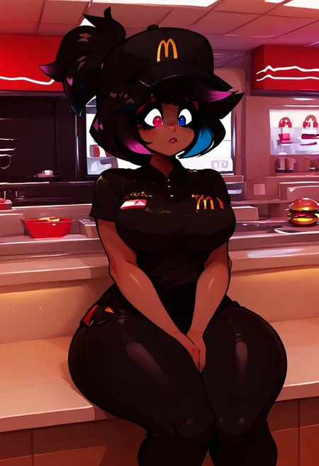 Score_9, score_8_up, score_7_up, jugg3rtuul, 1girl, solo, CHOCO CHIKU, HETEROCHROMIA, MULTICOLORED HAIR, dark skinned female, hair tie, employee uniform, mcdonald's, black shirt, black pants, hat, sitting on countertop, thick thighs, large breasts, tilted head, confused, lipgloss,