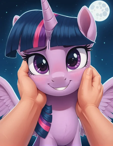 score_9, score_8_up, score_7_up, score_6_up, zPDXL, BREAK night, starry sky, moon, front view, (face focus, close-up:1.4), 1girl, twilight sparkle, (pony, feral:1.1), alicorn, horn, smaller female, blushing, smile, looking at viewer, guided hand on cheek, hand grab, hand on another's cheek, hand on another's face, gentle, caress, caressing cheek, both hands, pov, pov hands, human, humanoid hand, pixelsketcher <lora:Pixelsketcher_Style_Pony_XL_v2:0.6> <lora:guided-hand-on-cheek-ponyxl-lora-nochekaiser:0.6> <lora:Raps:0.8>