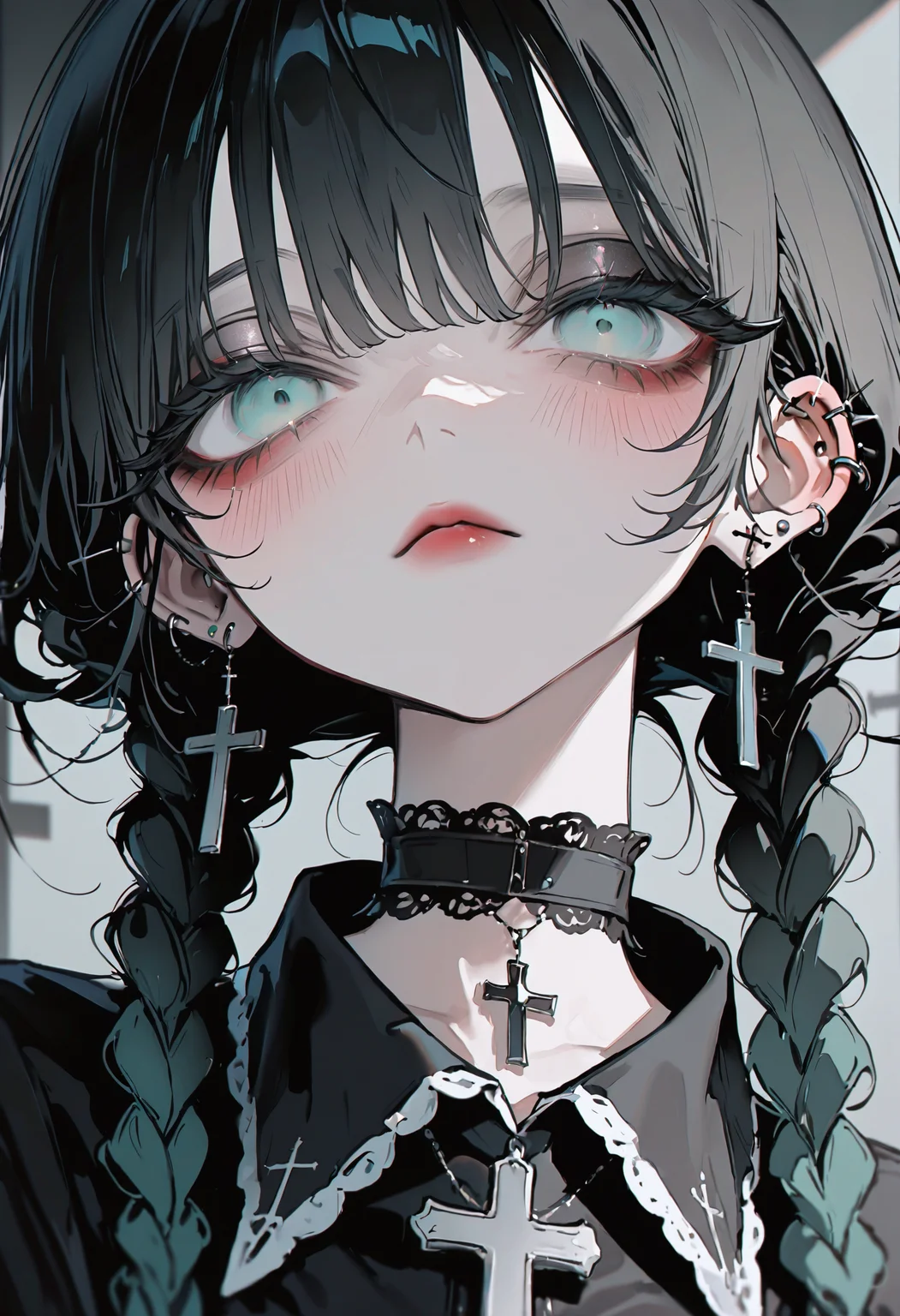 <lora:bmEybWVndV9f-illustriousXL_v01_V2-CAME>, bmEyb, 1girl, cross, black hair, solo, jewelry, cross earrings, earrings, twin braids, piercing, braid, ear piercing, looking at viewer, goth fashion, choker, shirt, black shirt, red lips, long hair, black choker, makeup, upper body, portrait, green eyes, grey background, latin cross, long eyelashes, parted lips, blue eyes, lace choker, collared shirt, blush, cross necklace, closed mouth