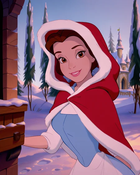 masterpiece, best quality, amazing quality, absurdres, DisneyRenstyle, BBelle, Belle Disney, BAB, 1girl, red hood, brown hair, brown eyes, fur trim, looking at viewer, smile <lora:Disney_Renaissance_IllustriousV1:1>