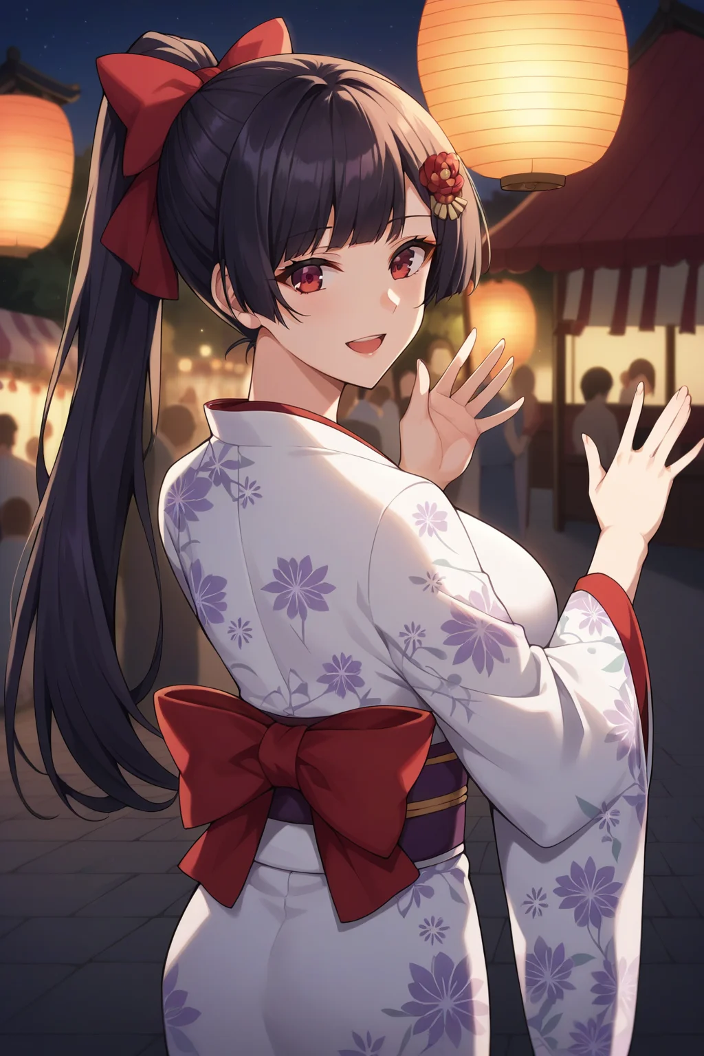 score_9, score_8_up, score_7_up, source_anime, 1girl, prefect lighting, very aesthetic, intricate details, highly detailed background, masterpiece, high quality, prefect hands, best quality, solo,
<lora:Natsuha_Natsu-nee_Shinomiya_Ajisai_no_Chiru_Koro_ni_V1:.85>, dark hair, maroon eyes, bangs, hair pin, long hair,
ponytail, hair bow, white kimono, kimono back bow, floral print kimono, long sleeves, wide sleeves,
from behind, looking back, waving, smile, open mouth,
outside, festival, summer festival, summer, night, lantern, market stall, moonlight,
(Beautiful, large Breasts:1.2), natural breasts,