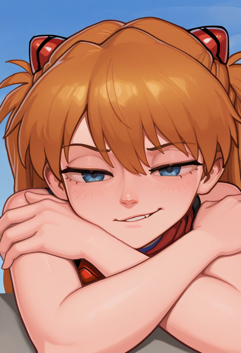 r1f13style,  masterpiece, best quality, solo,                                                                                   asuka langley, ginger hair,   smug expression, face shot, blue sky, arms crossed,