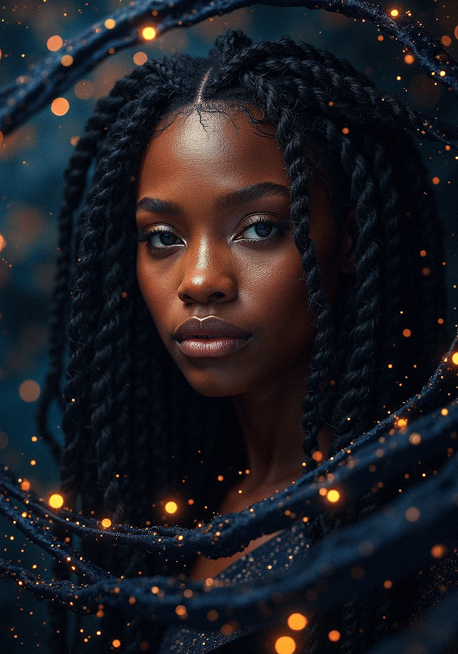 a detailed image of a woman with dark braids and beads, her hair blending seamlessly into a spiraling, fractal-like pattern with detailed skin and detailed skin pores The background glows with star-like particles, giving the impression that she is weaving the cosmos itself with her hair.