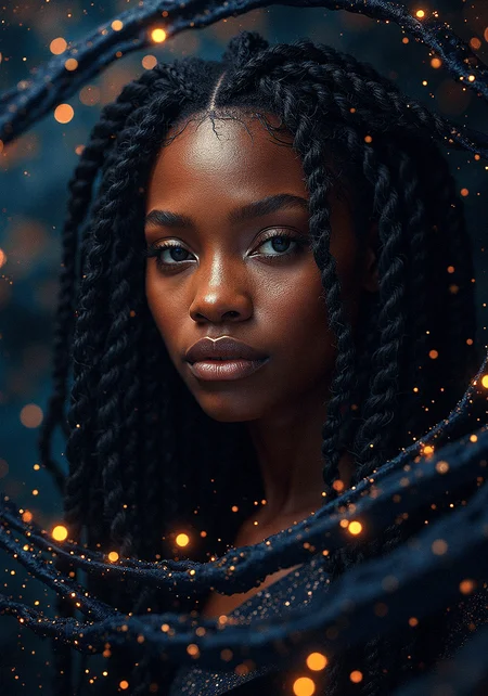 a detailed image of a woman with dark braids and beads, her hair blending seamlessly into a spiraling, fractal-like pattern with detailed skin and detailed skin pores The background glows with star-like particles, giving the impression that she is weaving the cosmos itself with her hair.