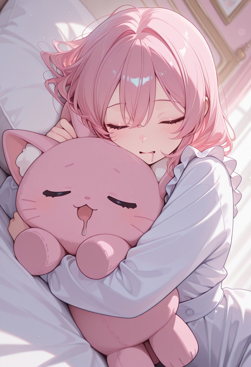 masterpiece, best quality, very aesthetic, absurdres, newest, detailed skin,
1girl, solo,
28 years old,
CivChan, purple eyes, pink hair,
pastel colors,
lying on her bed, hugging a pink cat plushie,
animal plushies on bed,
closed eyes, drooling on her pillow,
detailed background, bedroom, on bed,