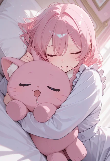 masterpiece, best quality, very aesthetic, absurdres, newest, detailed skin,
1girl, solo,
28 years old,
CivChan, purple eyes, pink hair,
pastel colors,
lying on her bed, hugging a pink cat plushie,
animal plushies on bed,
closed eyes, drooling on her pillow,
detailed background, bedroom, on bed,