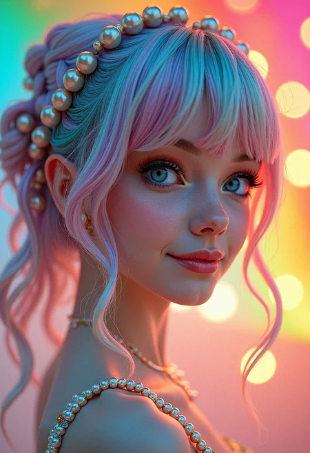  highly detailed photorealistic photography, complex composition, a cute woman with pastel rainbow hair,  blue eyes, intricate hairstyle with pearls, pastel dress, glowing rainbow background, exaggerated background details, vibrant colors, intricate textures, dynamic lighting, whimsical and magical atmosphere, very detailed and complex skin texture, best quality skin texture, looking to the side, smile, closed mouth, 