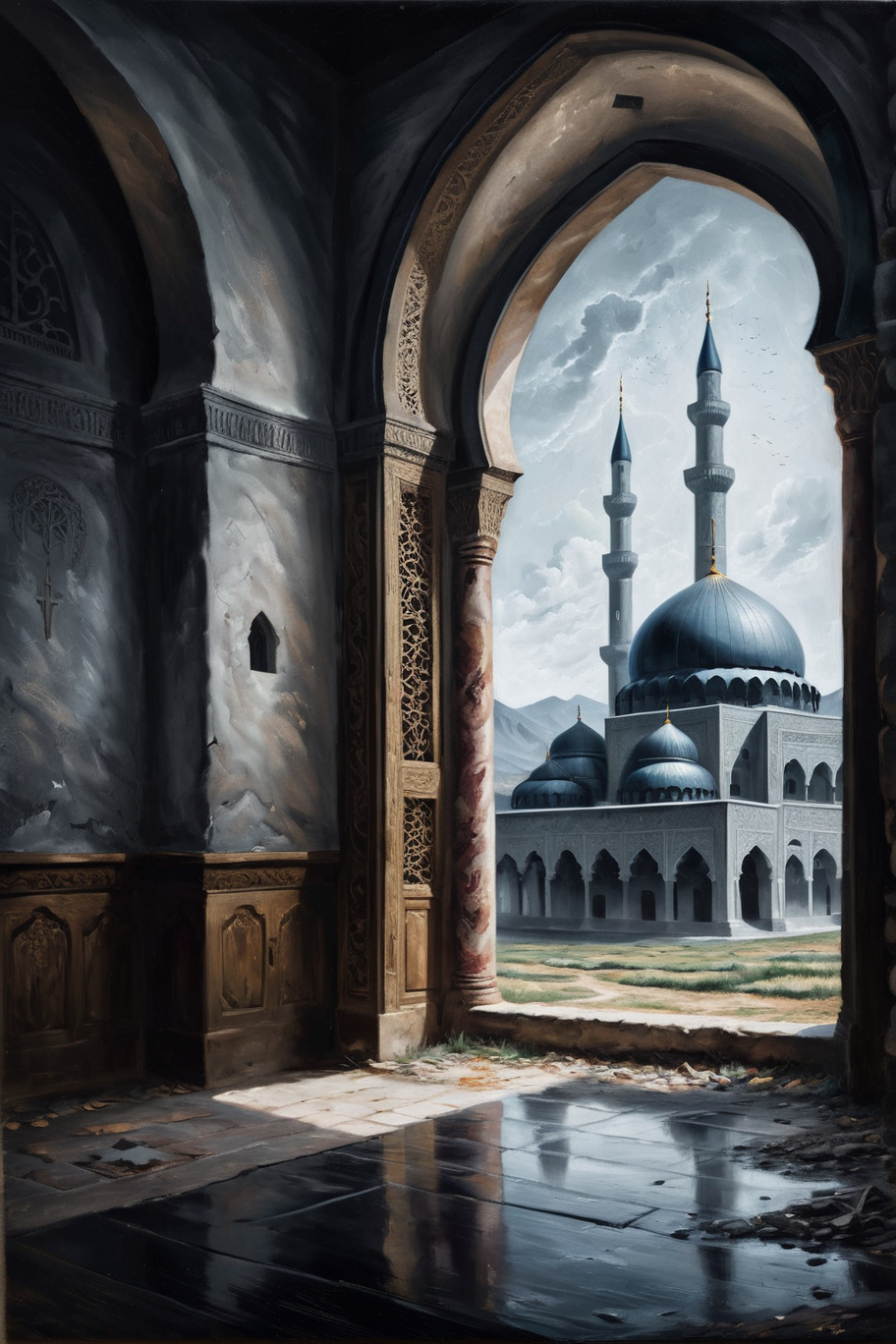 Satisfying, Grayscale, dynamic composition, Techwear, Horror, behance, Oversaturated, (Rural area:1.2) from inside of a Mosque, it is Ghastly and Layered, Suffering, complementary colors, Encaustic Paint, Dragonpunk, Lustful, Light and shadow plays, multidimensional, Colorful, biomorphic forms, stylized, Starlight, <lora:Pavel_Sokov:0.8> painting, pavel, sokov