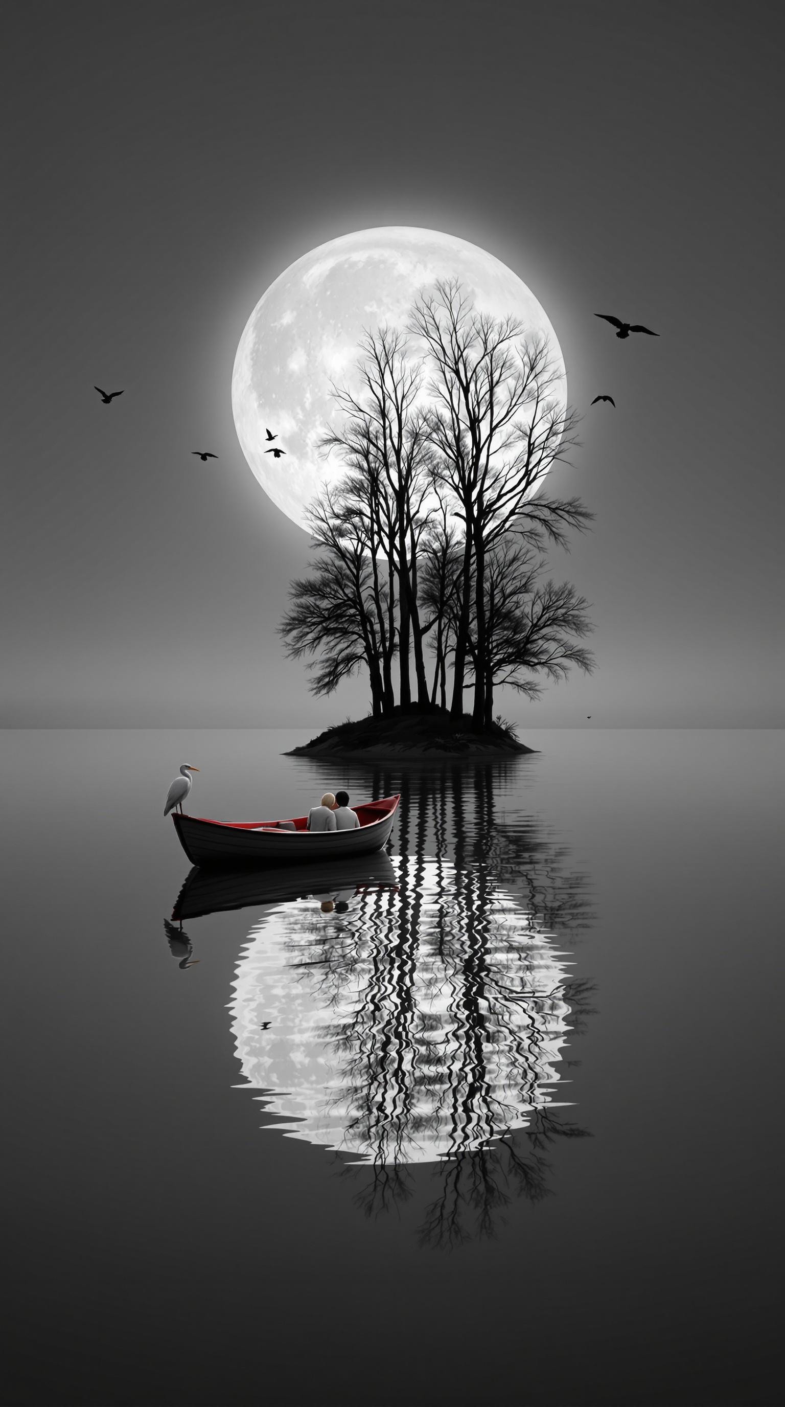 This surreal artwork captures a tranquil, dreamlike scene on a perfectly still body of water, where reality and reflection blend seamlessly. At the center, a small wooden boat with a red interior floats gently, carrying a lovely couple sitting closely together, lost in the beauty of the moment. A white heron perches on the boat’s edge, its elegant form mirrored in the water. In the background, a tiny island with tall, leafless trees stands against the vast sky, its silhouette blending into the massive, glowing moon that rises behind it. The trees appear to stretch into the moon, as if touching the heavens, while a group of three birds soars gracefully nearby, their movement adding life to the scene.
The water’s glassy surface reflects every element flawlessly, creating a perfect mirror image of the moon, trees, boat, and birds. The couple, bathed in the soft lunar glow, holds hands as they embrace the serenity of the night. Their presence adds warmth and intimacy to the otherwise ethereal scene, making it feel like a quiet, timeless moment of love and connection. The monochrome tones of gray, blue, and black add to the peaceful yet mystical atmosphere, making this image a poetic blend of nature, love, and the infinite beauty of the night.