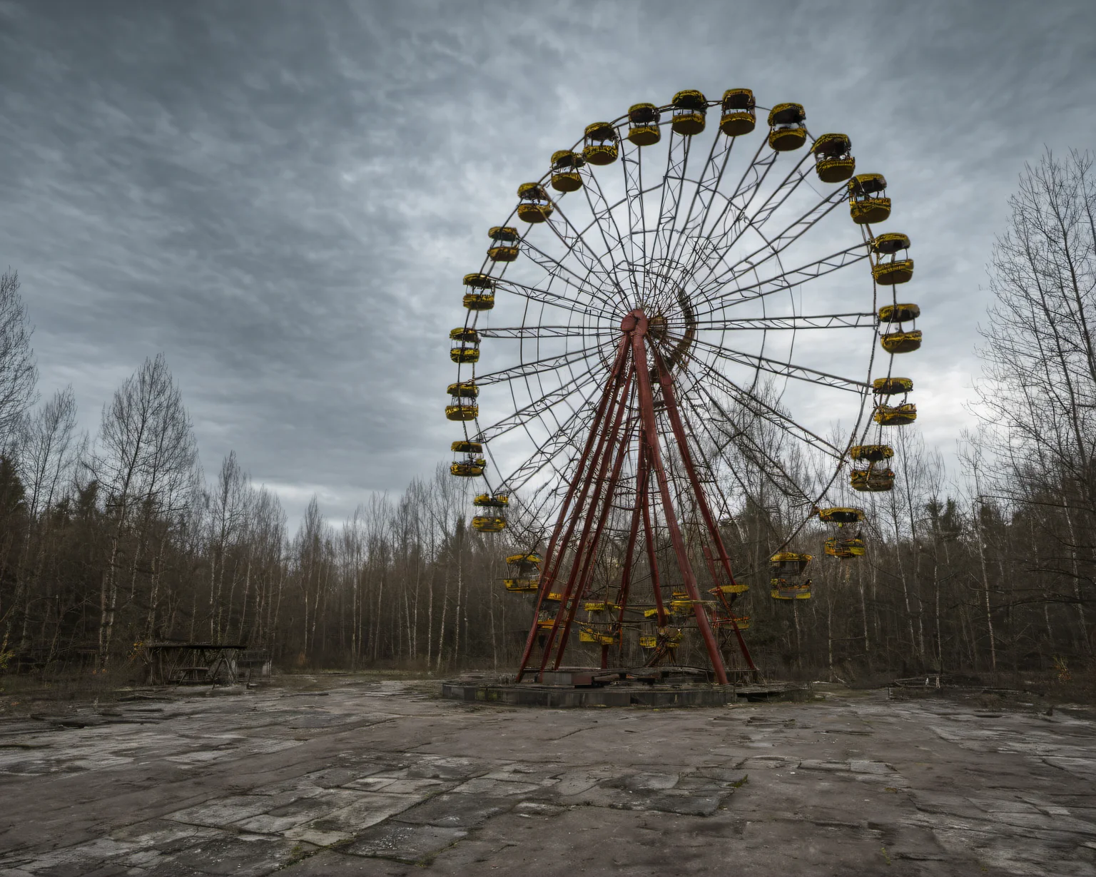 best quality, realistic, vray, hdr, a ferris wheel in an abandoned amusement park, Chern4byl enviroment <lora:PostApocalyptic_Chernobyl_v3:0.8>