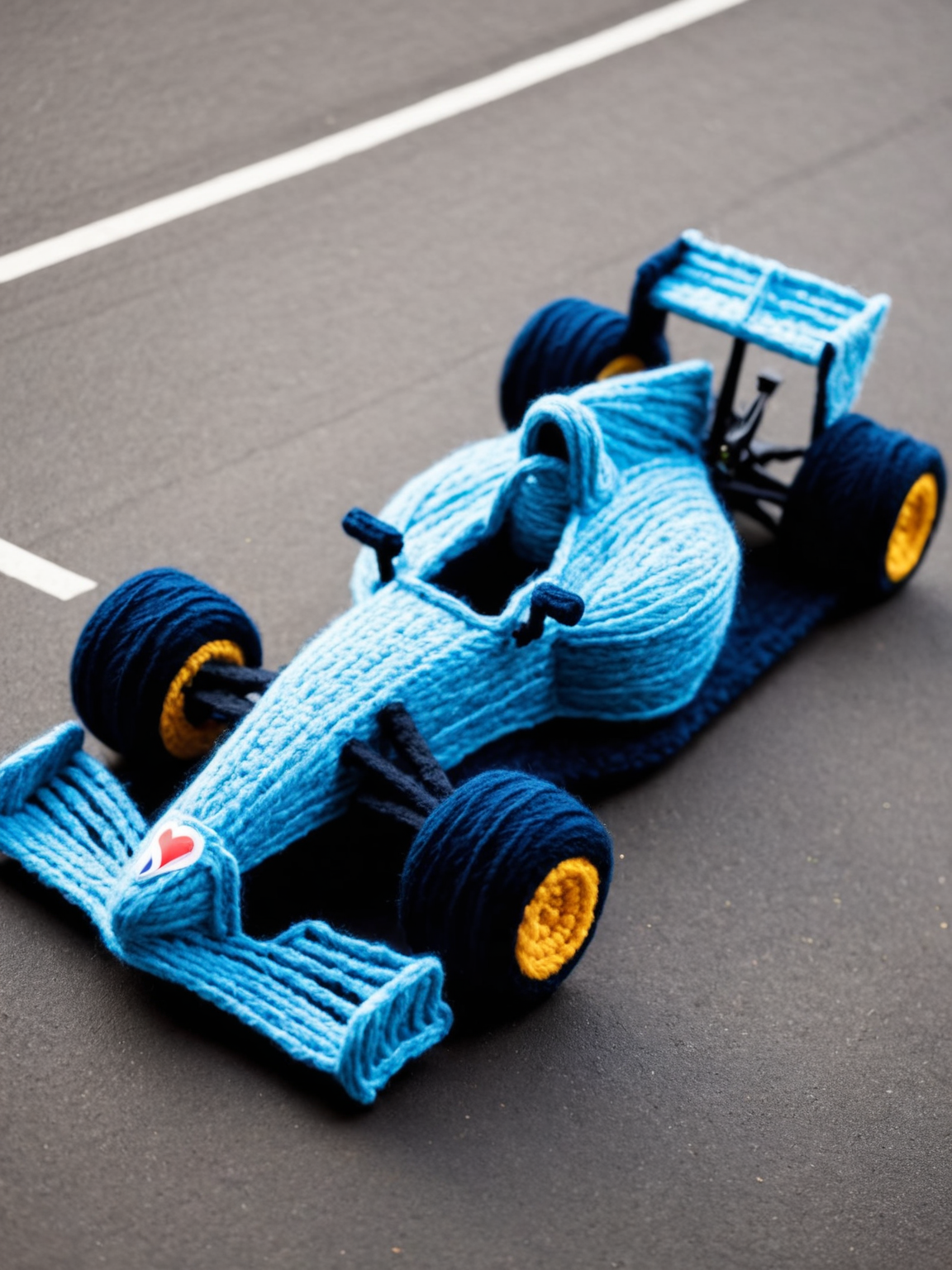 an F1 race car made entirely from yarn, racing on a tarmac race track <lora:Yarn_XL:0.25>