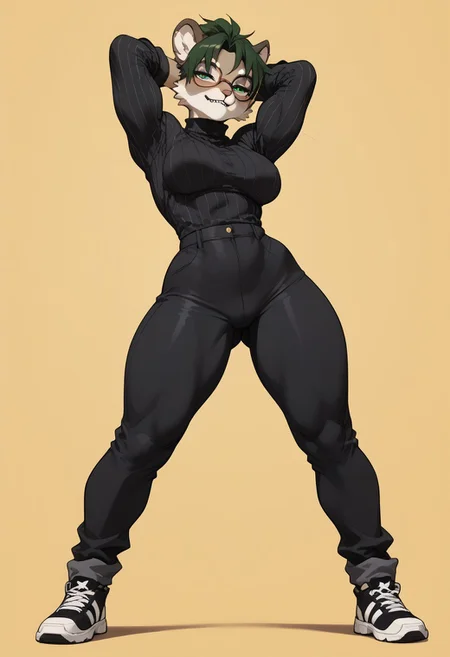 score_9, score_8_up, score_7_up, score_6_up, masterpiece, best quality, unique angle, 1girl, source_furry, anthro, (furry:1.5), (((lioness female))), stretching, presenting ass, wearing ((black Turtleneck)) and Wide Leg Trousers, glasses, ((biting own lip)), half-closed eyes, (golden jewelry), spiky hair, clear green eyes, (seducing viewer), curvy, athletic, looking at viewer, female focus, posing, erotic pose, suggestive pose, open mouth, (bulging muscles), (bulging breasts), ((wide hips)), (thick thighs), long lrgs, voluptuous, (perfect ass), showcasing depth and dimension, (full body), abstract yellow background, b3b0p, flat color, dark theme, 2D,