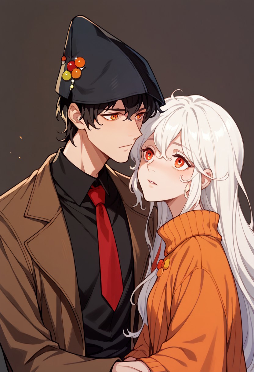 score_9, score_8_up, score_7_up, score_6_up, score_5_up, couple, man with brown suit, red tie, black shirt, black hat with ornaments, bangs, black hair, orange eyes, she with brown sweatshirt, black shirt, long white hair, red eyes